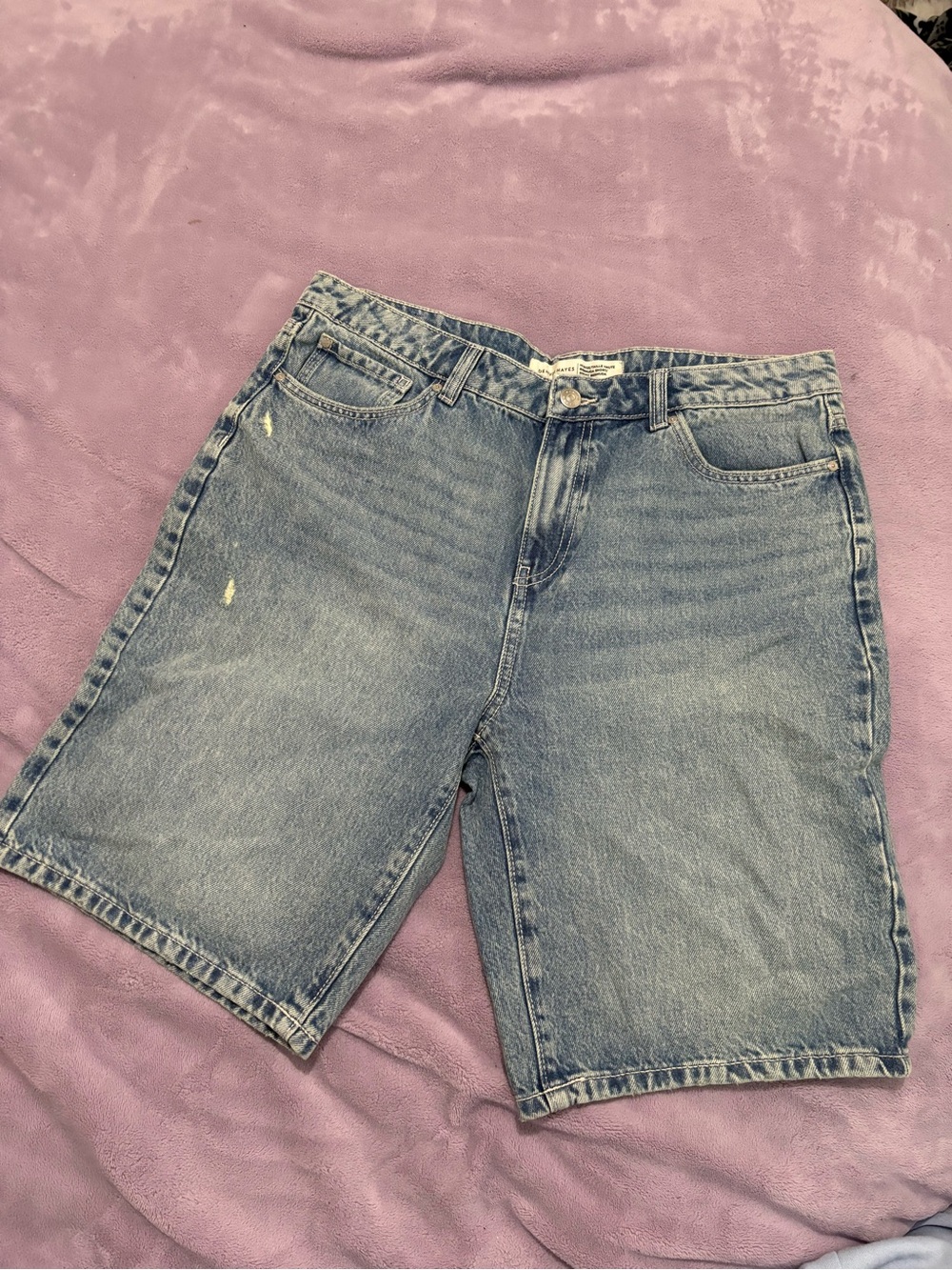 Denver Hayes Light Blue Denim Shorts with Black Leather Patch